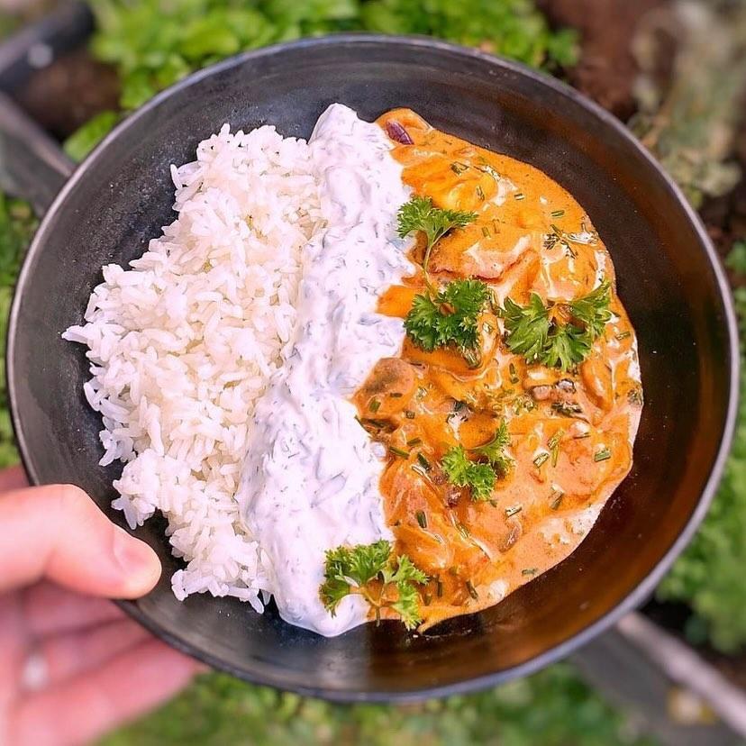 Halloumi Stroganoff with Jasmine Rice and Mint Yogurt